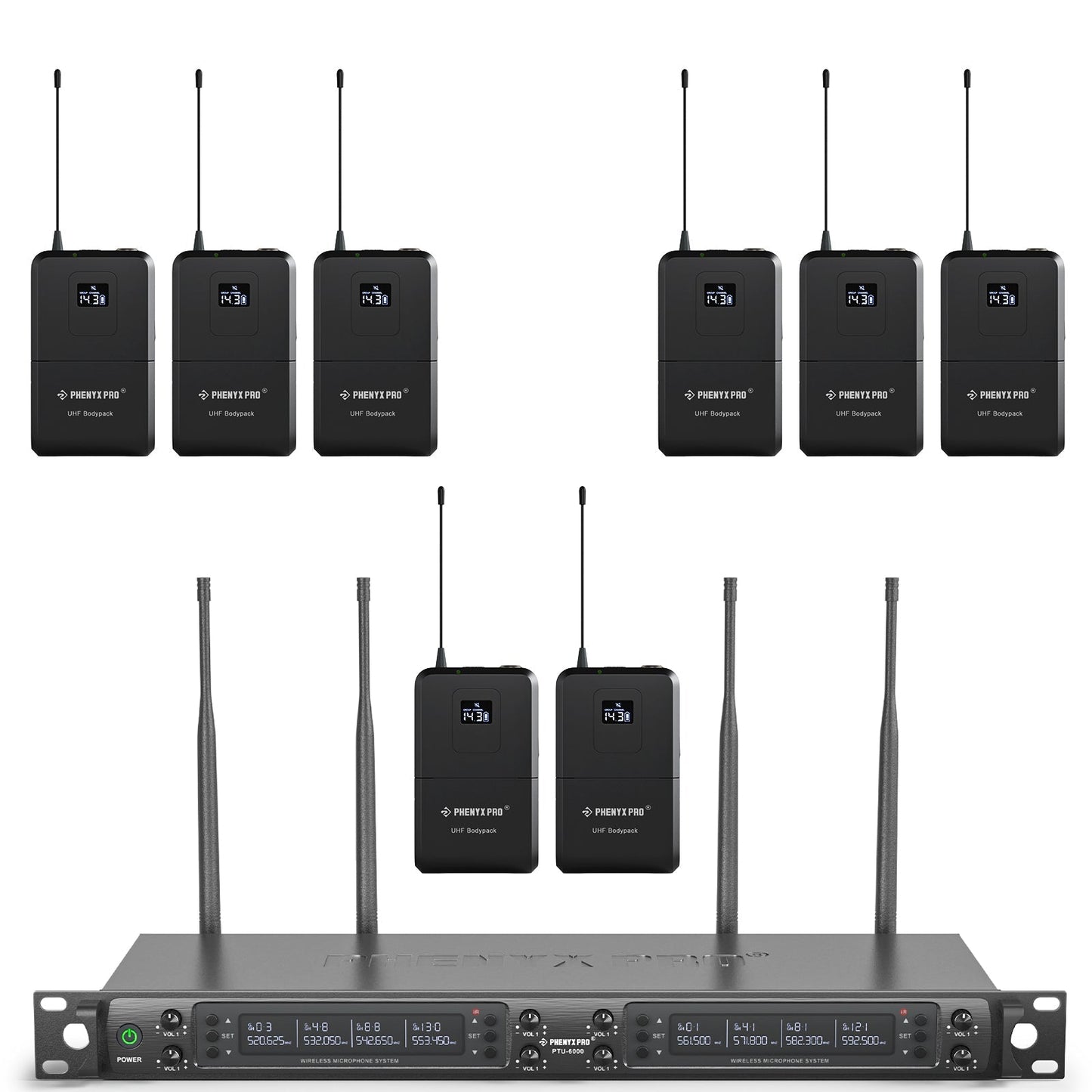 Sistema inalámbrico UHF de 8 canales Phenyx Pro PTU-6000-8B con receptor de rack y transmisores de petaca