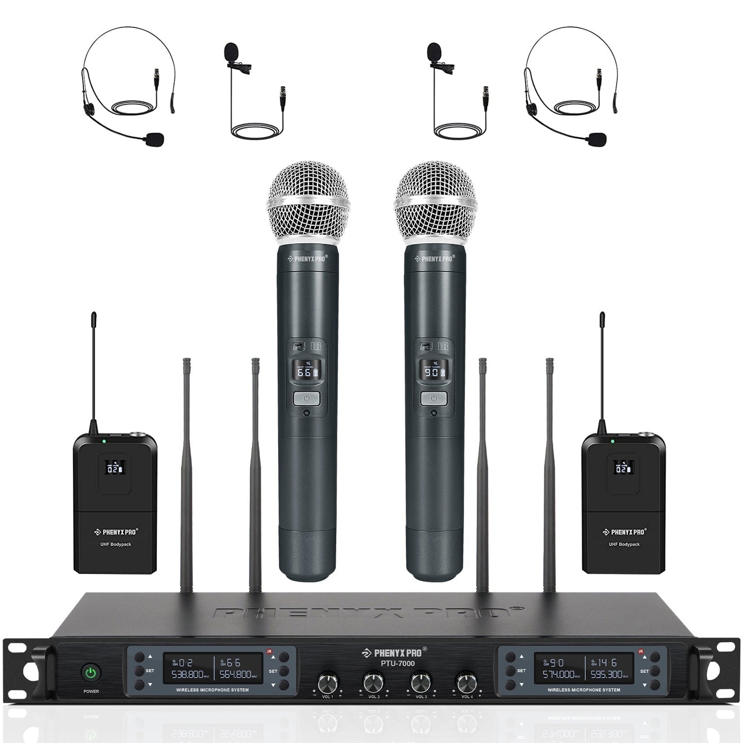 Sistema inalámbrico UHF de 4 canales Phenyx Pro PTU-7000-2H2B con dos micrófonos de mano y dos diademas