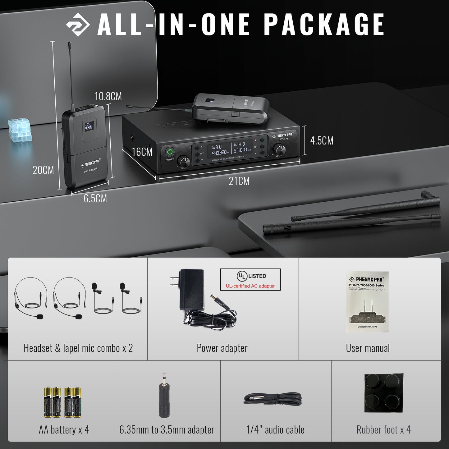 PTU-71-2B | Sistema de micrófono inalámbrico UHF dual con escaneo automático