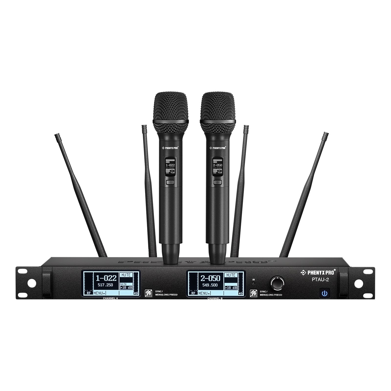 Sistema inalámbrico True Diversity de 2 canales Phenyx Pro PTAU-2 con receptor y dos micrófonos de mano