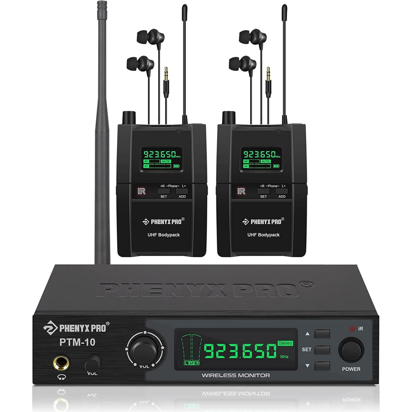 Sistema intrauditivo inalámbrico estéreo Phenyx Pro PTM-10-2B con transmisor y dos petacas receptoras
