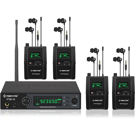 Sistema intrauditivo inalámbrico estéreo Phenyx Pro PTM-10-4B con transmisor y cuatro petacas receptoras