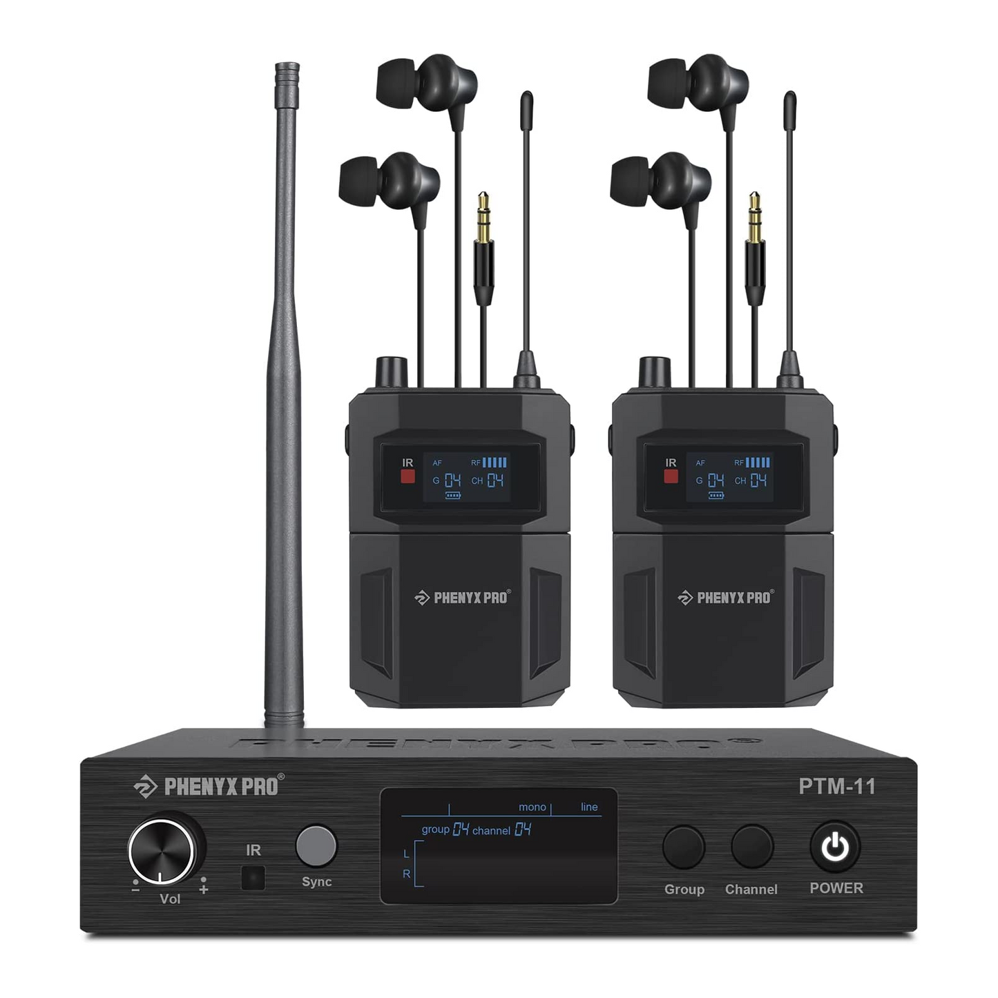 Sistema intrauditivo inalámbrico mono Phenyx Pro PTM-11-2B con transmisor y dos petacas receptoras