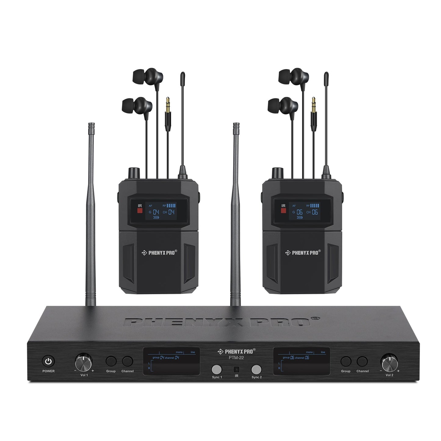 Sistema intrauditivo inalámbrico mono dual Phenyx Pro PTM-22-2B con transmisor y dos petacas receptoras