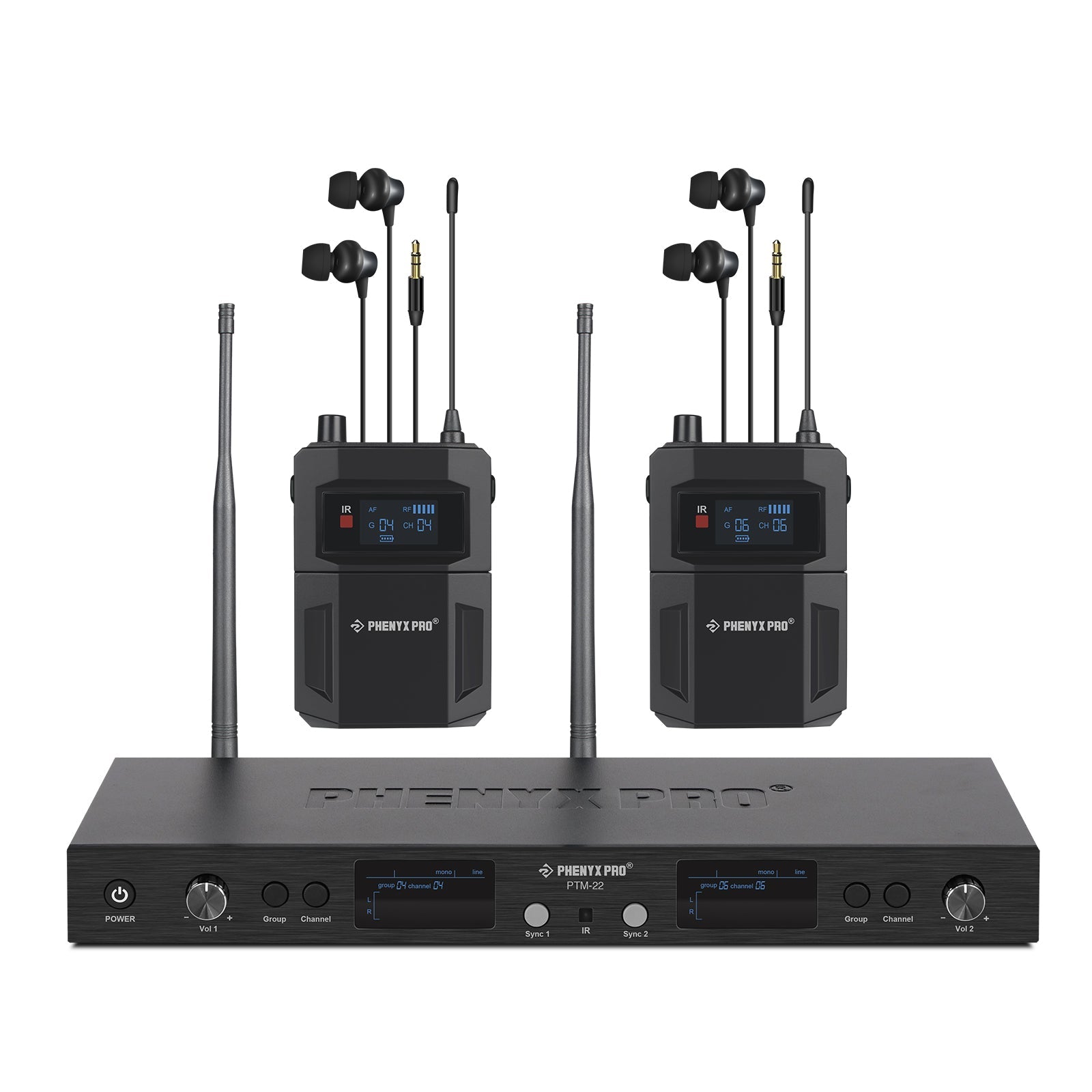 Sistema intrauditivo inalámbrico mono dual Phenyx Pro PTM-22-2B con transmisor y dos petacas receptoras