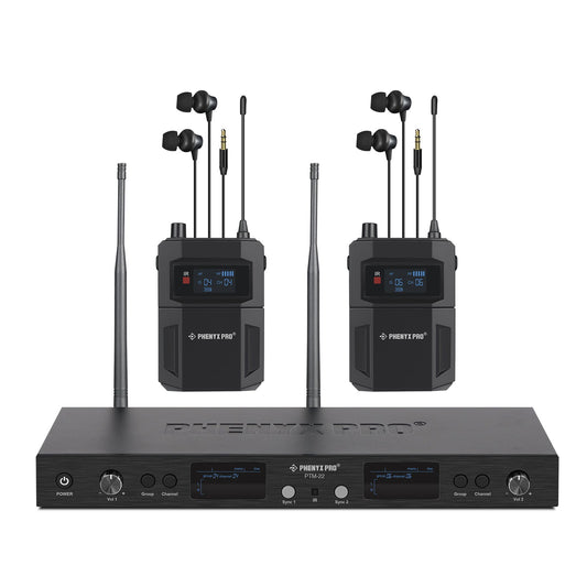 Sistema intrauditivo inalámbrico mono dual Phenyx Pro PTM-22-2B con transmisor y dos petacas receptoras