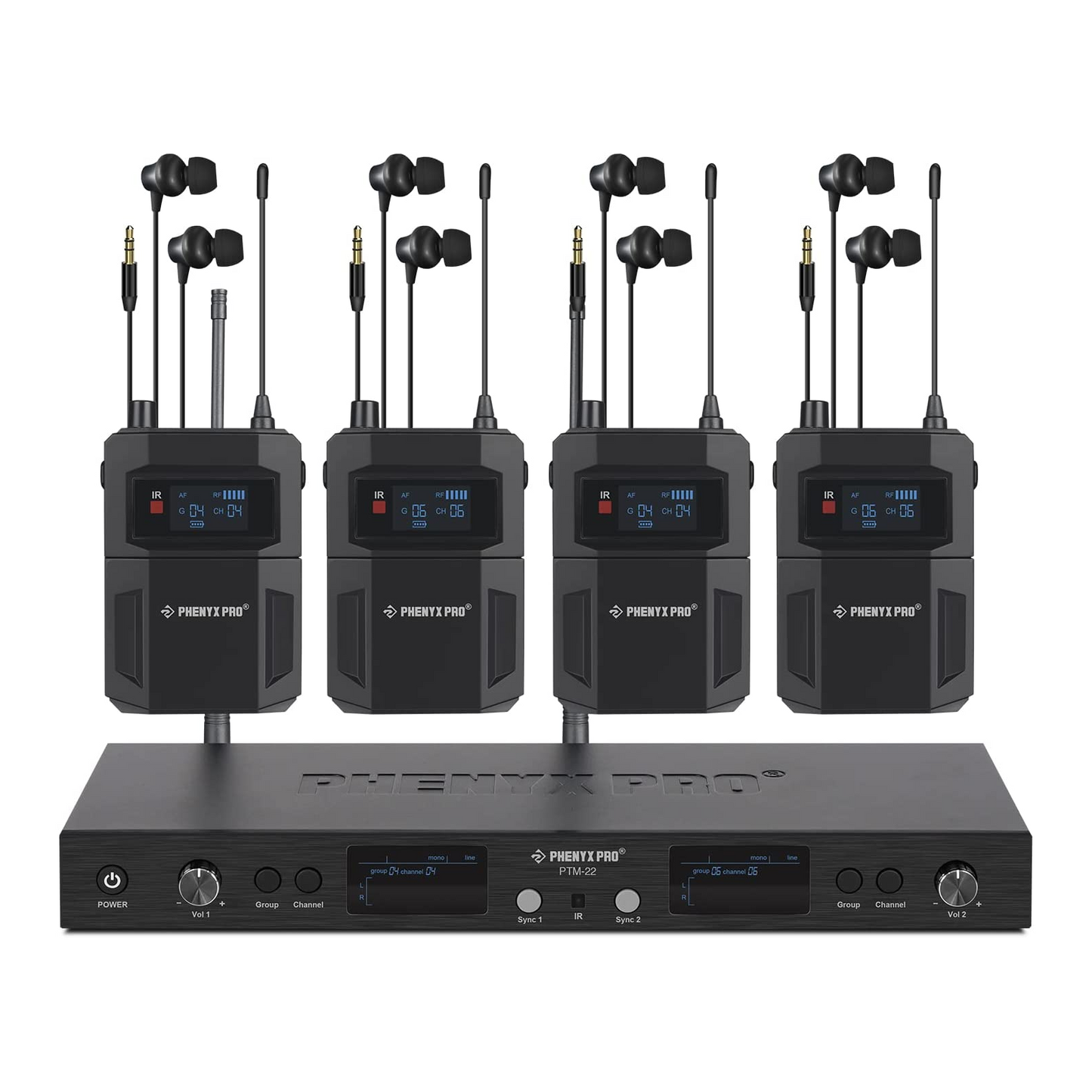 Sistema intrauditivo inalámbrico mono dual Phenyx Pro PTM-22-4B con transmisor y cuatro petacas receptoras
