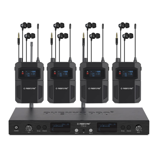 Sistema intrauditivo inalámbrico mono dual Phenyx Pro PTM-22-4B con transmisor y cuatro petacas receptoras