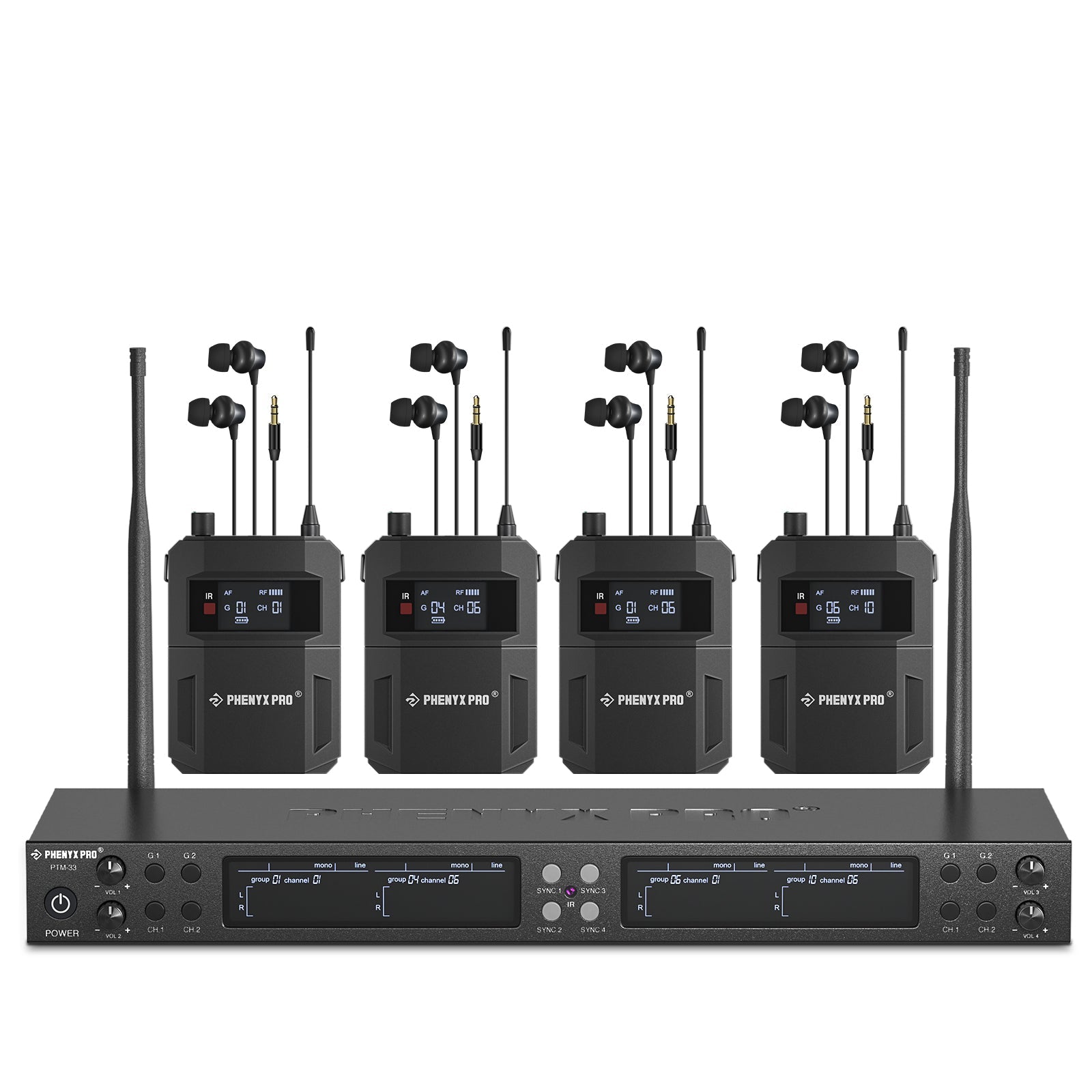 Sistema intrauditivo inalámbrico mono de 4 canales Phenyx Pro PTM-33-4B con transmisor de rack y cuatro petacas