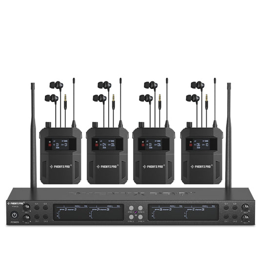 Sistema intrauditivo inalámbrico mono de 4 canales Phenyx Pro PTM-33-4B con transmisor de rack y cuatro petacas