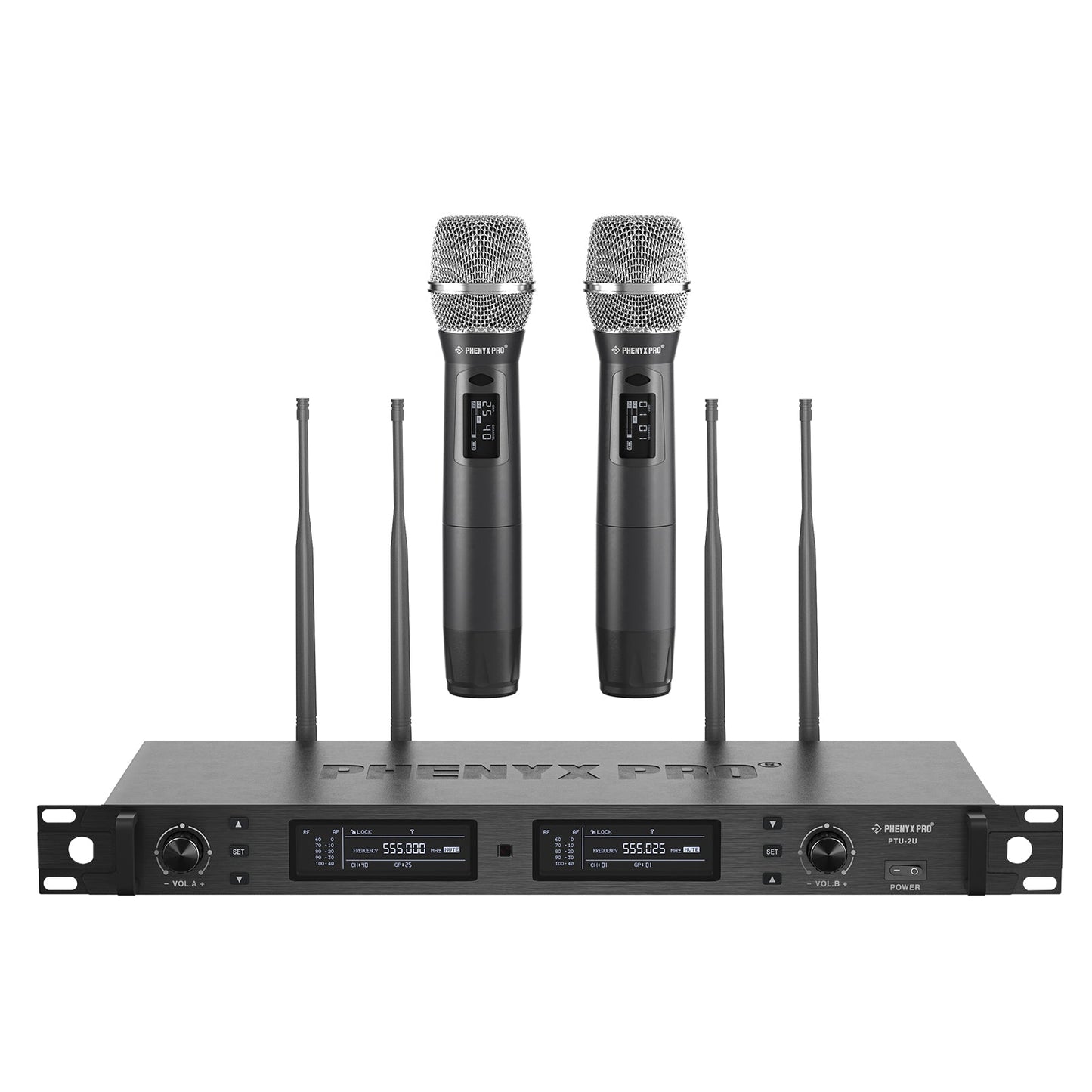 Sistema inalámbrico True Diversity dual Phenyx Pro PTU-2U-2H con receptor de rack y dos micrófonos de mano
