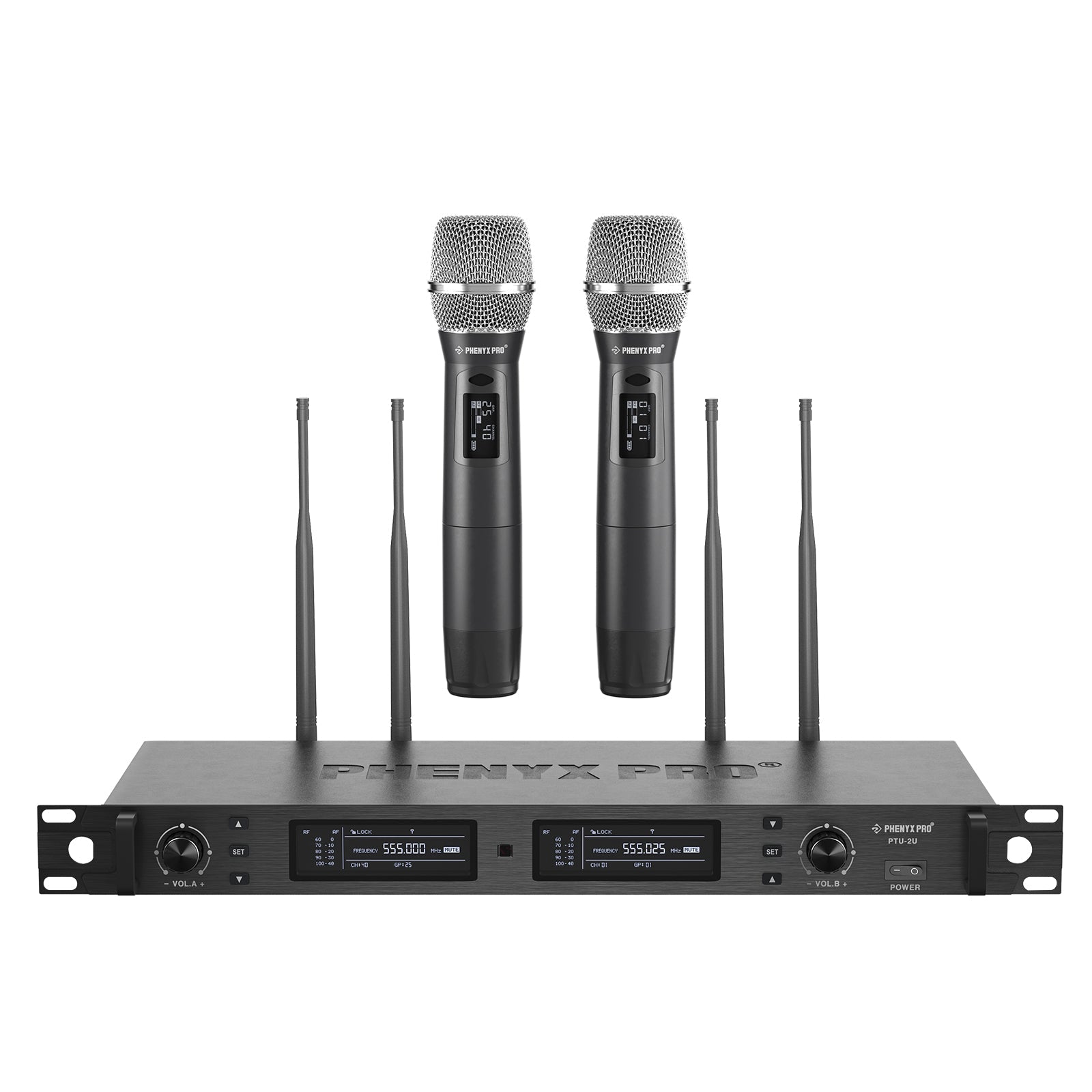 Sistema inalámbrico True Diversity dual Phenyx Pro PTU-2U-2H con receptor de rack y dos micrófonos de mano