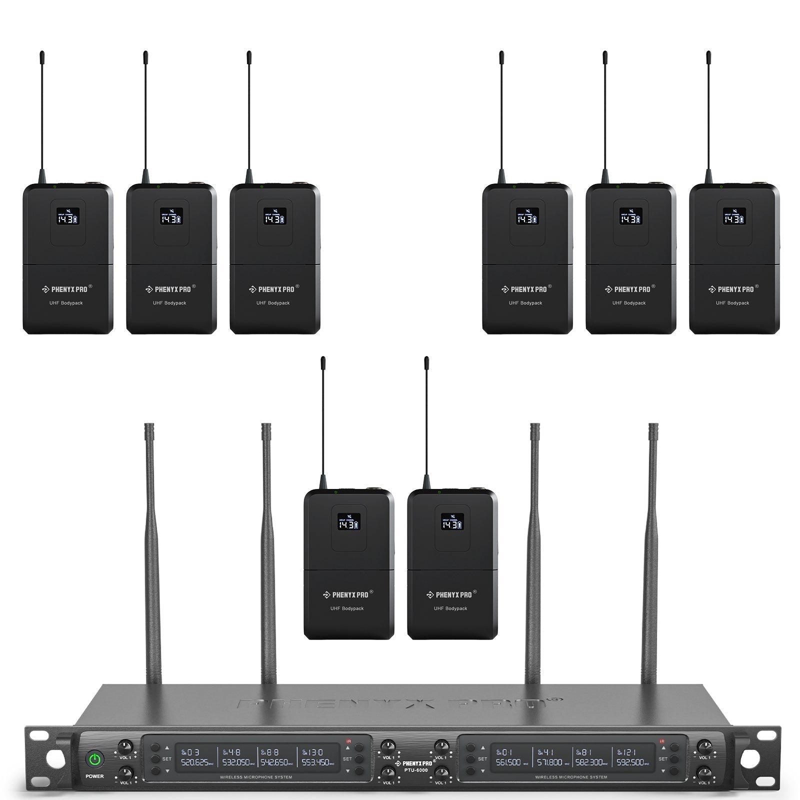 Sistema inalámbrico UHF de 8 canales Phenyx Pro PTU-6000-8B con receptor de rack y transmisores de petaca