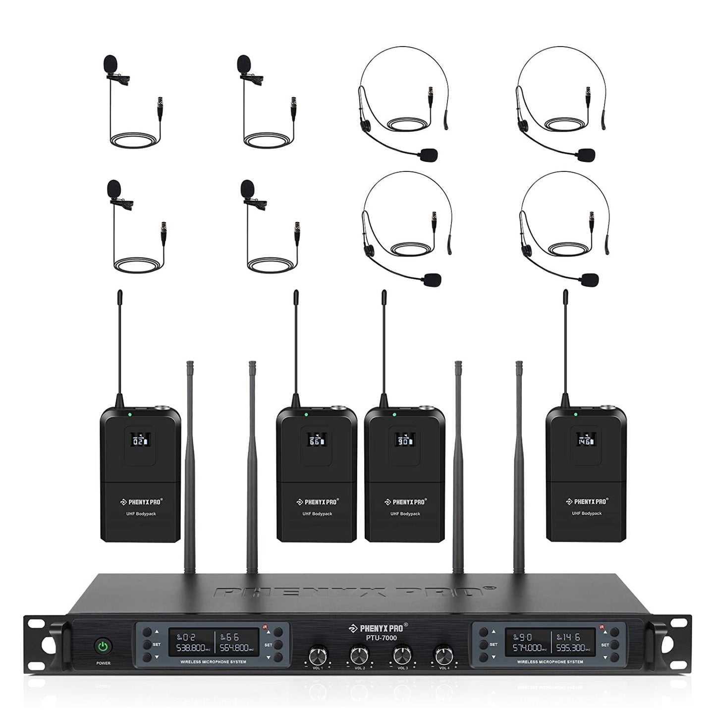Sistema inalámbrico UHF de 4 canales Phenyx Pro PTU-7000-4B con receptor de rack y cuatro petacas con diadema