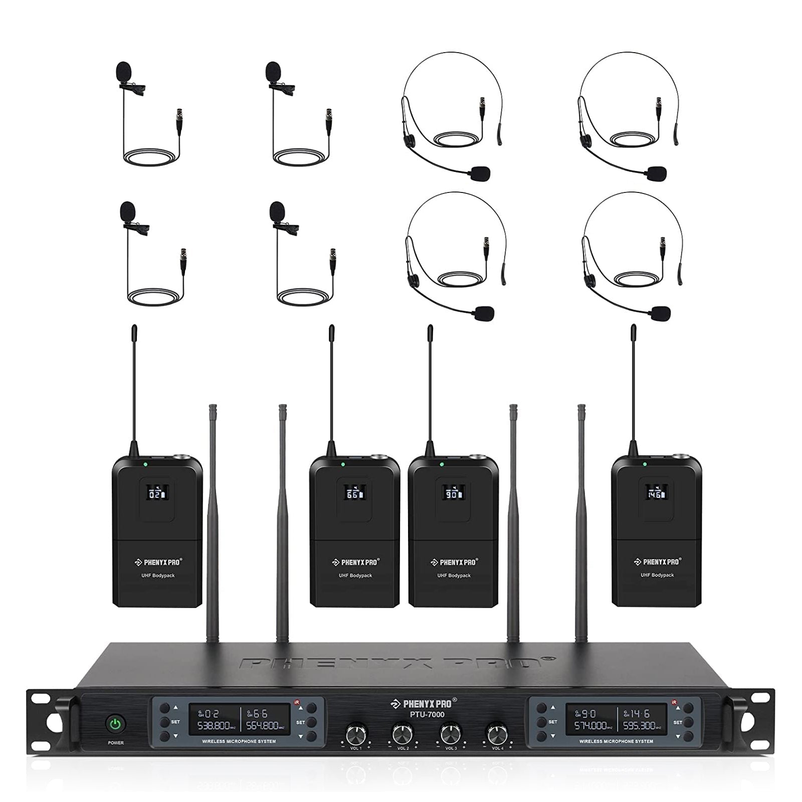 Sistema inalámbrico UHF de 4 canales Phenyx Pro PTU-7000-4B con receptor de rack y cuatro petacas con diadema