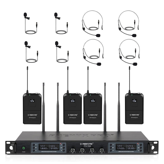 Sistema inalámbrico UHF de 4 canales Phenyx Pro PTU-7000-4B con receptor de rack y cuatro petacas con diadema