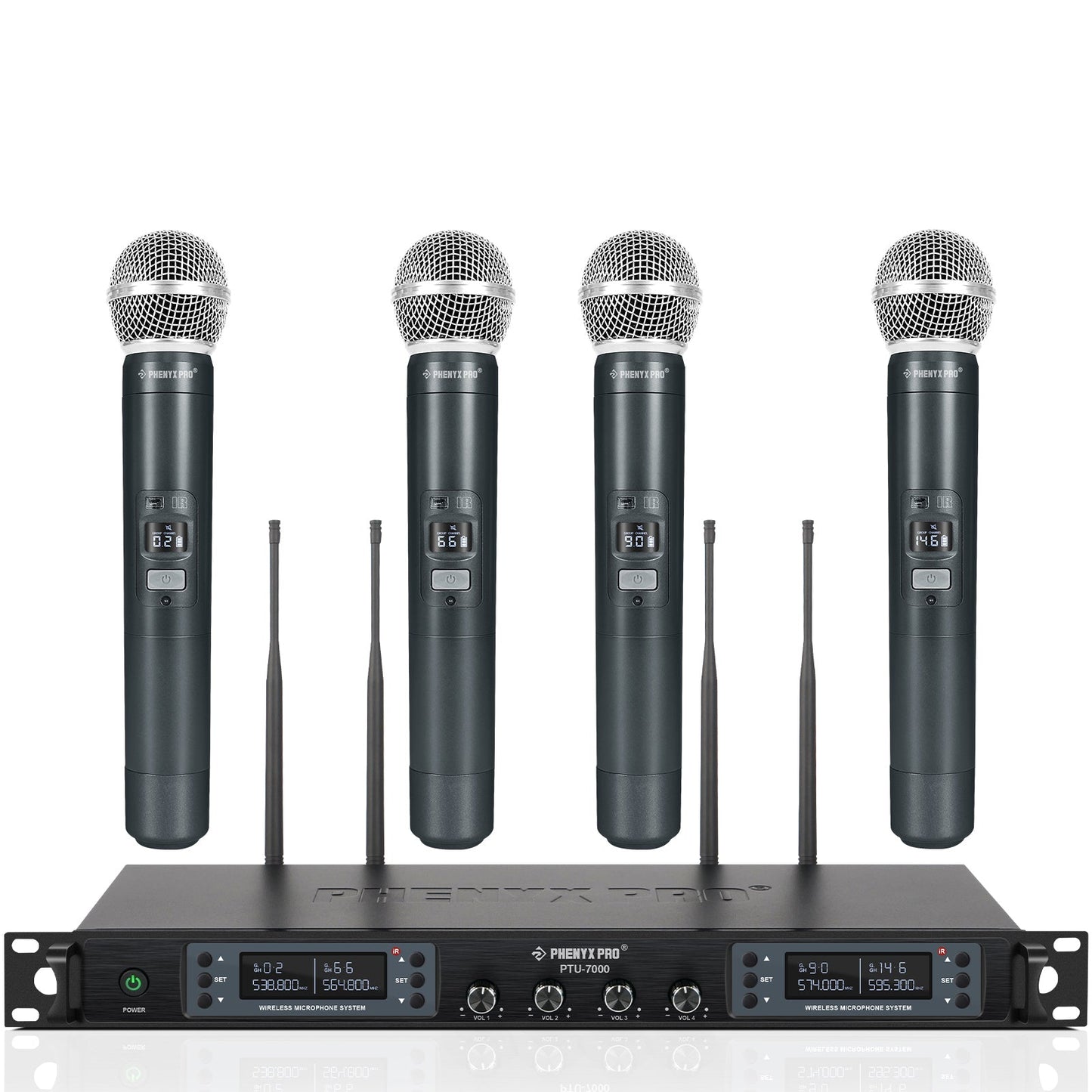 Sistema inalámbrico UHF de 4 canales Phenyx Pro PTU-7000-4H con receptor de rack y cuatro micrófonos de mano