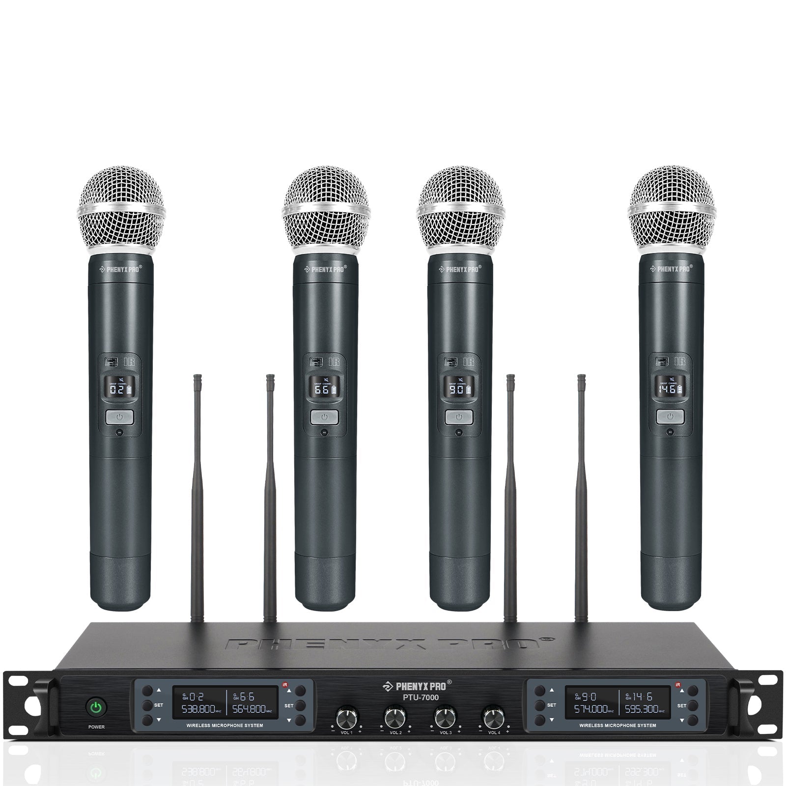 Sistema inalámbrico UHF de 4 canales Phenyx Pro PTU-7000-4H con receptor de rack y cuatro micrófonos de mano