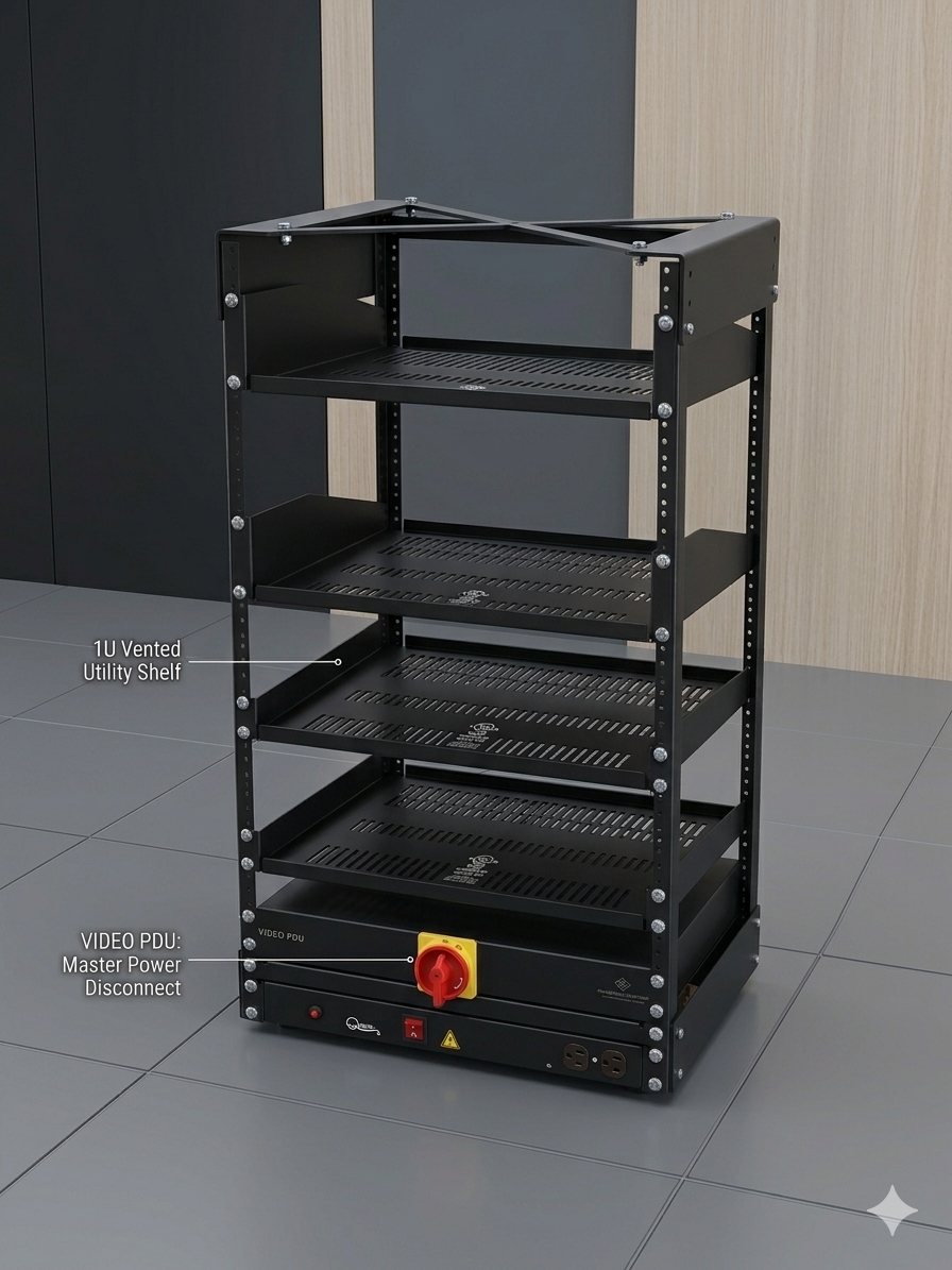 RACK DE 18U, PDU DE VIDEO 25 AMP, 4 BANDEJAS Y MULTITOMA 10 SALIDAS
